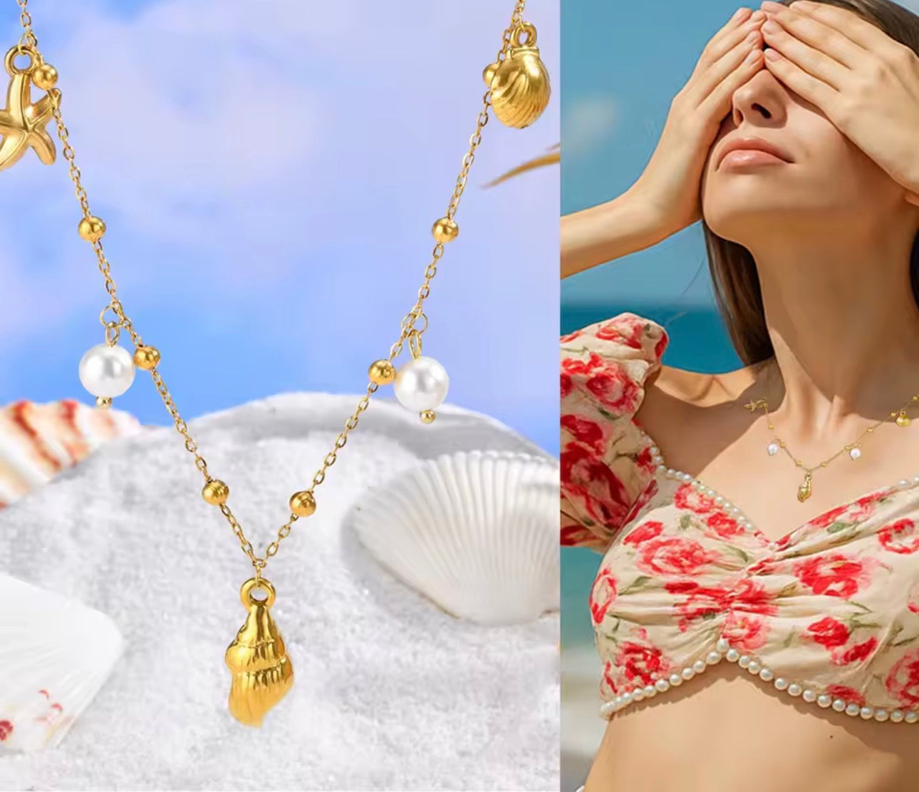 Pearl Shell Conch Starfish Necklace,