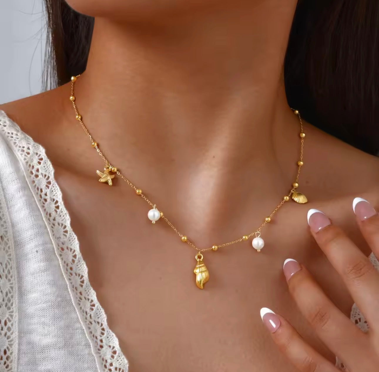 Pearl Shell Conch Starfish Necklace,